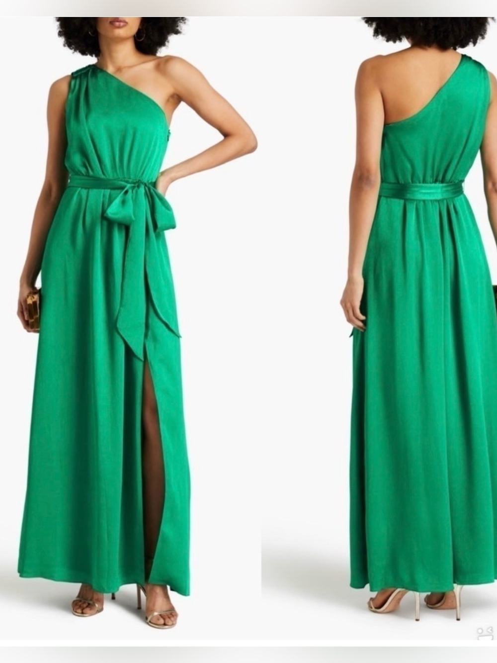 ML MONIQUE LHUILLIER One-Shoulder Green Maxi Dress Gown with Waist Tie satin